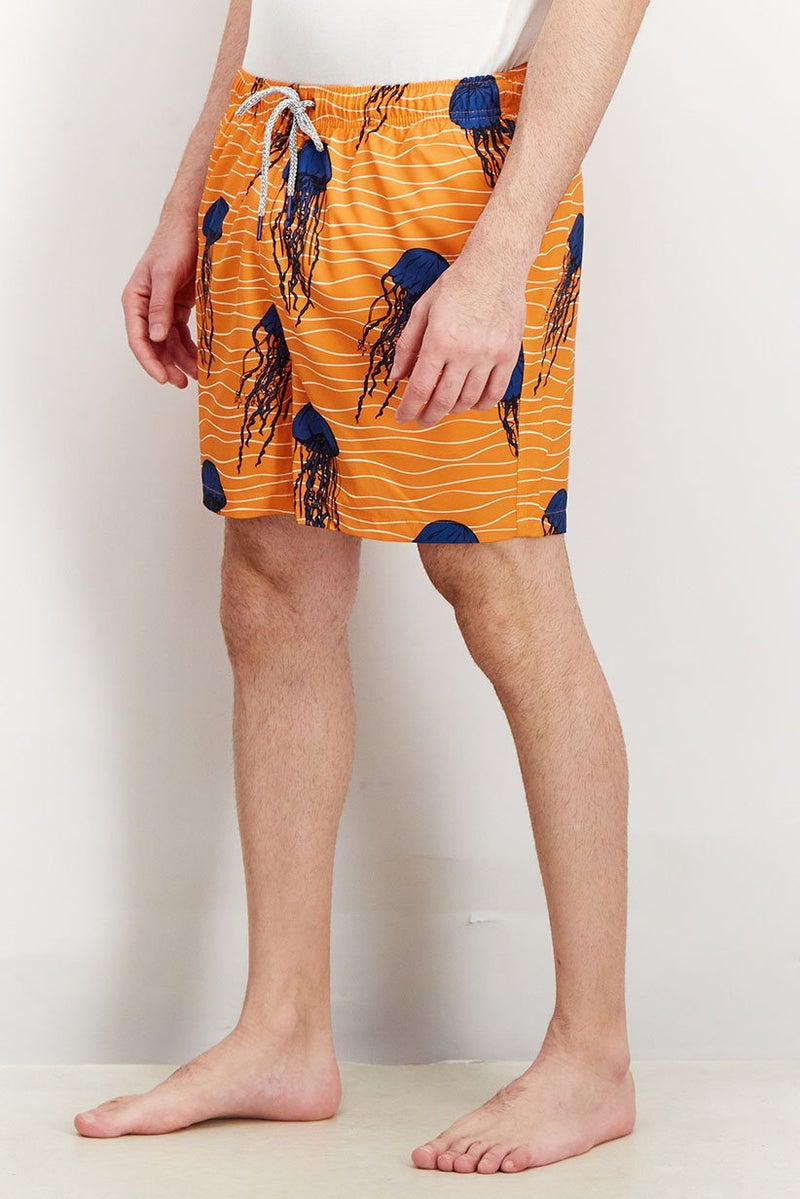 Rainforest Men Drawstring Allover Printed Board Shorts, Orange - Image 3