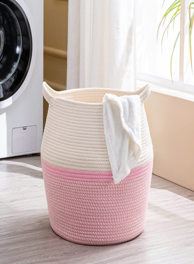 Brishtl® Woven Baskets For Storage 40L (14"L X 14"W X 16"H) Large Cotton Rope Woven Baby Laundry Hamper,Collapsible Laundry Basket,For Organizing Living Room,Nursery,Pillows,Toy Chest (Pink) - Image 3