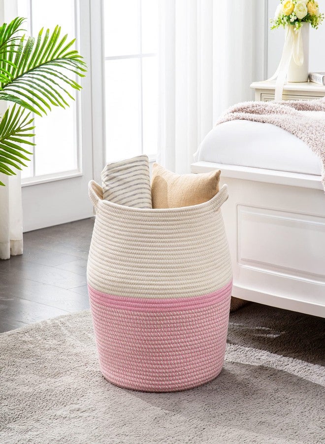 Brishtl® Woven Baskets For Storage 40L (14"L X 14"W X 16"H) Large Cotton Rope Woven Baby Laundry Hamper,Collapsible Laundry Basket,For Organizing Living Room,Nursery,Pillows,Toy Chest (Pink) - Image 5