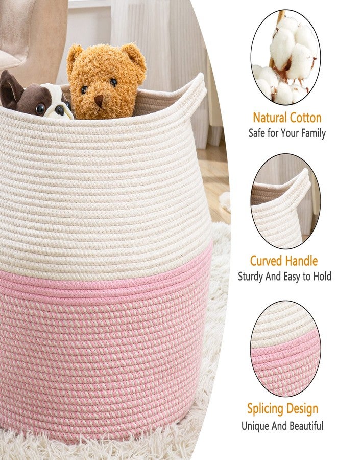 Brishtl® Woven Baskets For Storage 40L (14"L X 14"W X 16"H) Large Cotton Rope Woven Baby Laundry Hamper,Collapsible Laundry Basket,For Organizing Living Room,Nursery,Pillows,Toy Chest (Pink) - Image 2