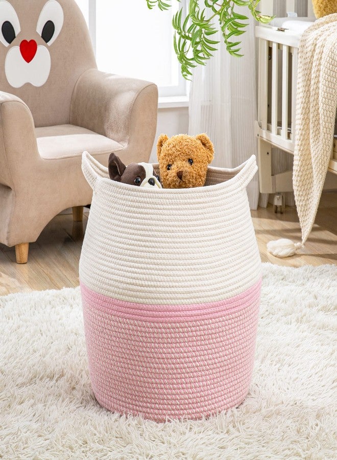 Brishtl® Woven Baskets For Storage 40L (14"L X 14"W X 16"H) Large Cotton Rope Woven Baby Laundry Hamper,Collapsible Laundry Basket,For Organizing Living Room,Nursery,Pillows,Toy Chest (Pink) - Image 4