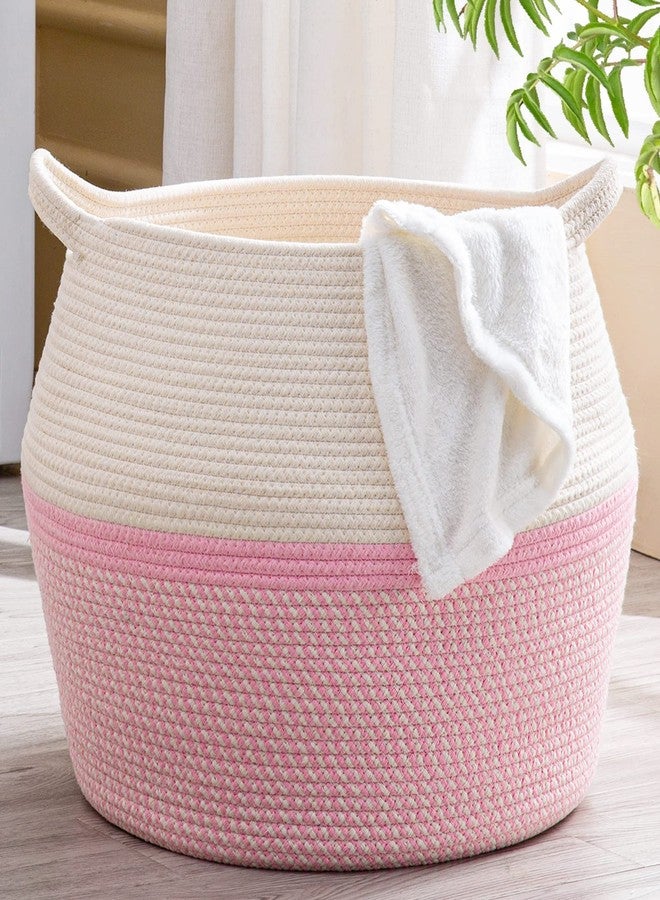 Brishtl® Woven Baskets For Storage 40L (14"L X 14"W X 16"H) Large Cotton Rope Woven Baby Laundry Hamper,Collapsible Laundry Basket,For Organizing Living Room,Nursery,Pillows,Toy Chest (Pink) - Image 1