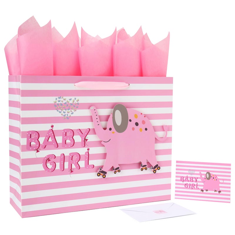 wishinside 16.5â€ Extra Large Baby Girl Gift Bag Set with Handles, Greeting Card, Pink Tissue Papers and Stickers for Baby Shower, Newborn, New Moms or Parents, Kids Birthday Party, 3D Elephant Design, 1 Pcs - Image 1