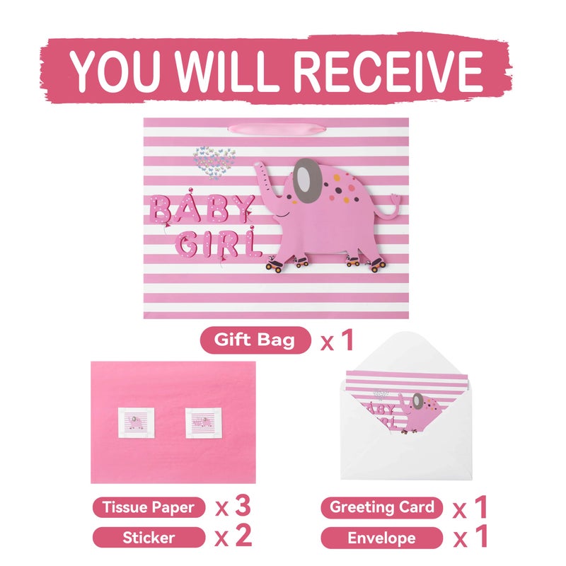 wishinside 16.5â€ Extra Large Baby Girl Gift Bag Set with Handles, Greeting Card, Pink Tissue Papers and Stickers for Baby Shower, Newborn, New Moms or Parents, Kids Birthday Party, 3D Elephant Design, 1 Pcs - Image 3