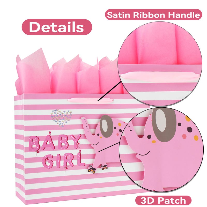 wishinside 16.5â€ Extra Large Baby Girl Gift Bag Set with Handles, Greeting Card, Pink Tissue Papers and Stickers for Baby Shower, Newborn, New Moms or Parents, Kids Birthday Party, 3D Elephant Design, 1 Pcs - Image 4