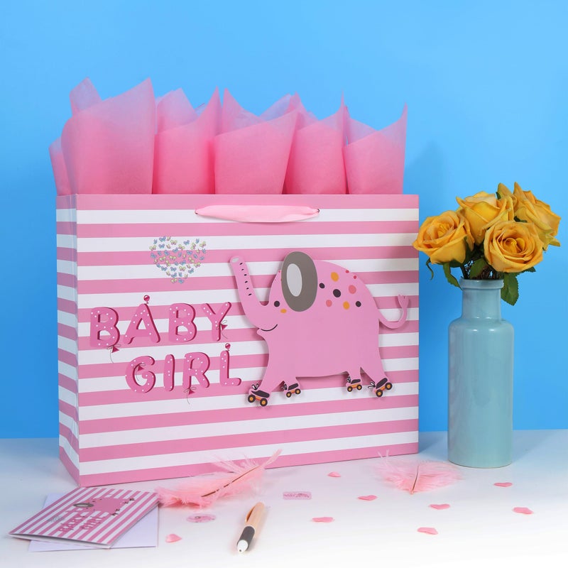wishinside 16.5â€ Extra Large Baby Girl Gift Bag Set with Handles, Greeting Card, Pink Tissue Papers and Stickers for Baby Shower, Newborn, New Moms or Parents, Kids Birthday Party, 3D Elephant Design, 1 Pcs - Image 5