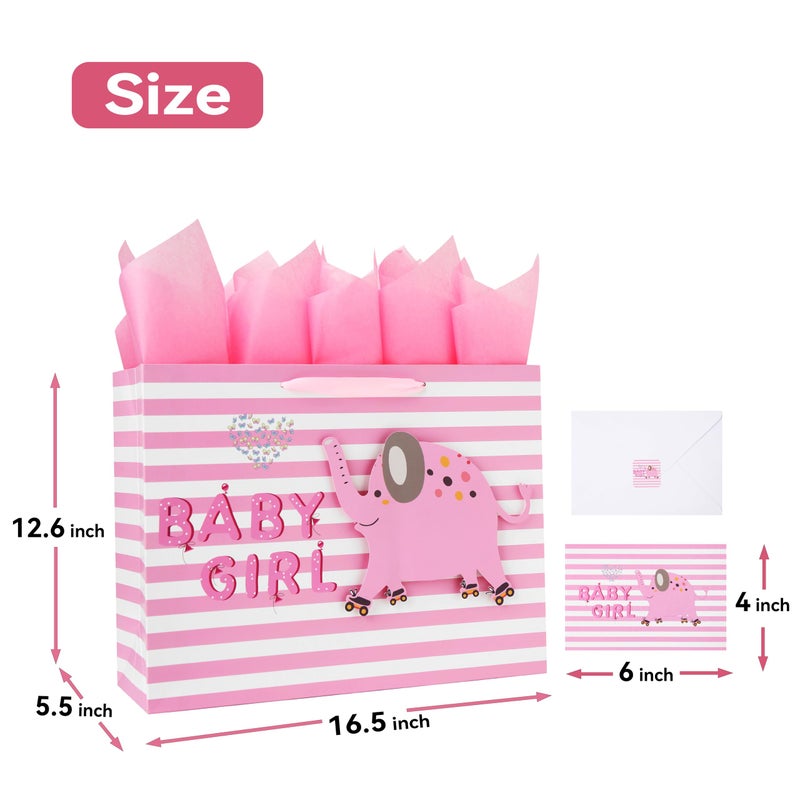wishinside 16.5â€ Extra Large Baby Girl Gift Bag Set with Handles, Greeting Card, Pink Tissue Papers and Stickers for Baby Shower, Newborn, New Moms or Parents, Kids Birthday Party, 3D Elephant Design, 1 Pcs - Image 2
