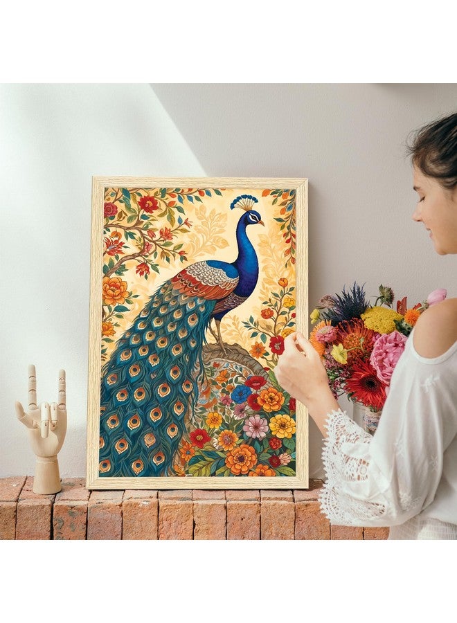 ArtX لوحة طاووس ورقية من ArtX للديكور المنزلي مع إطار، لوحة مدهوباني لغرفة المعيشة، 12.0 × 18.0 بوصة، مجموعة من 1 - Image 4