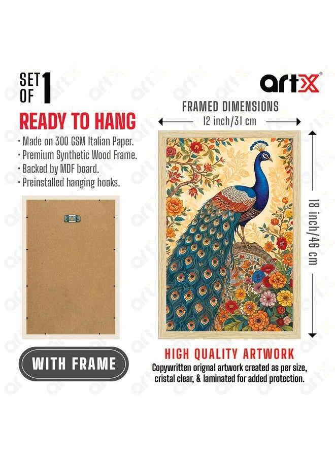 ArtX لوحة طاووس ورقية من ArtX للديكور المنزلي مع إطار، لوحة مدهوباني لغرفة المعيشة، 12.0 × 18.0 بوصة، مجموعة من 1 - Image 3