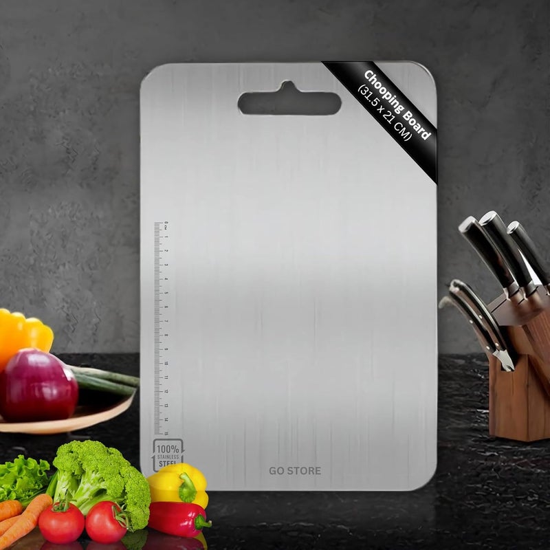 GO Store Premium Stainless Steel Chopping Board for Kitchen - Heavy-Duty Cutting Board for Vegetables, Fruits Cutter, Meats, Vegetable Chopper Boards, Metal Chopping Board (31 CM X 21 CM) - Image 1