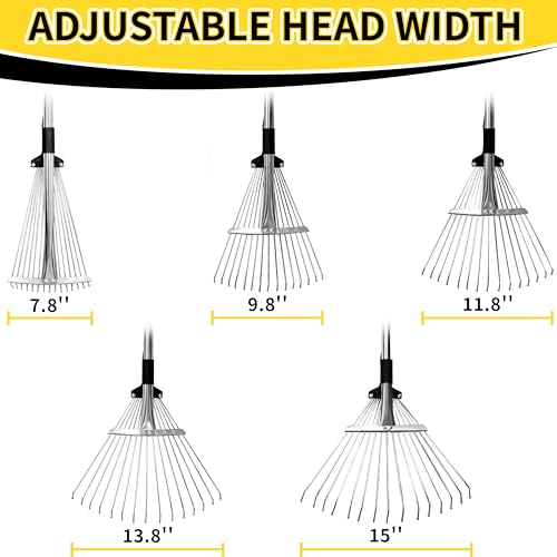 TCBWFY Garden Rake for Leaves,Heavy Duty Metal Adjustable Leaf Rake for Lawns,Long Handle 33"-69" with Expandable Head 8"-15",Garden Tools for Yard Lawn Shrub Garden Beds - Image 5