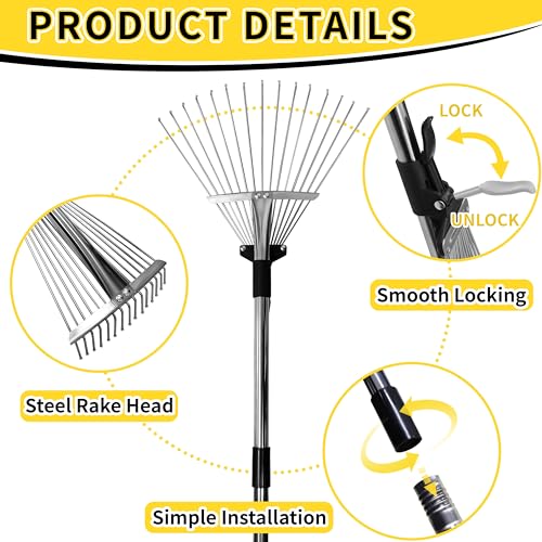TCBWFY Garden Rake for Leaves,Heavy Duty Metal Adjustable Leaf Rake for Lawns,Long Handle 33"-69" with Expandable Head 8"-15",Garden Tools for Yard Lawn Shrub Garden Beds - Image 3