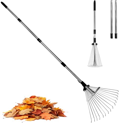 TCBWFY Garden Rake for Leaves,Heavy Duty Metal Adjustable Leaf Rake for Lawns,Long Handle 33"-69" with Expandable Head 8"-15",Garden Tools for Yard Lawn Shrub Garden Beds - Image 1