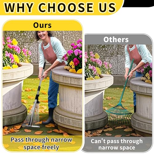 TCBWFY Garden Rake for Leaves,Heavy Duty Metal Adjustable Leaf Rake for Lawns,Long Handle 33"-69" with Expandable Head 8"-15",Garden Tools for Yard Lawn Shrub Garden Beds - Image 4