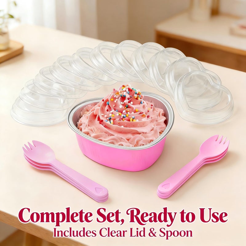 STN Mini Heart Shaped Cake Pans 100 ml/ 3.4 Ounces Heart Aluminum Foil Cupcake Pans 50pcs Valentine's Day Baking Cups With Lids Spoon for Valentine Mother's Day Birthday Wedding (Pink) - Image 5