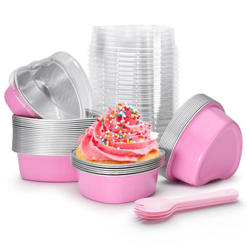 STN Mini Heart Shaped Cake Pans 100 ml/ 3.4 Ounces Heart Aluminum Foil Cupcake Pans 50pcs Valentine's Day Baking Cups With Lids Spoon for Valentine Mother's Day Birthday Wedding (Pink) - Image 1