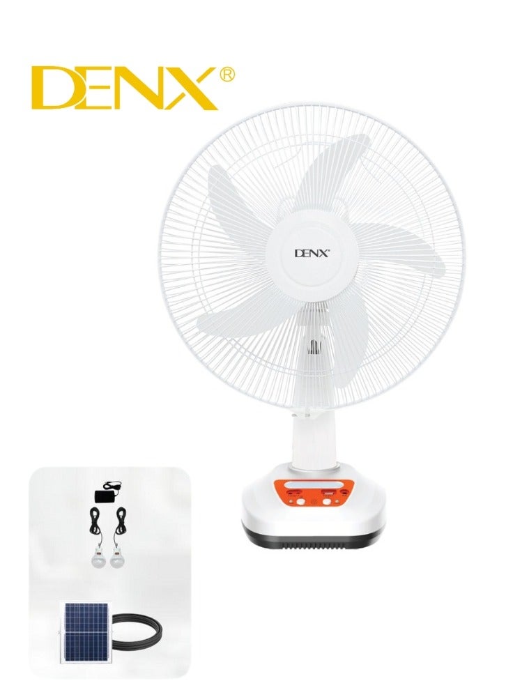 Denx "DENX Rechargeable Solar Fan DX2614 – Equipped with a 9V Solar Panel for Efficient Charging, 5 Strong Blades for Powerful Airflow, Dual Wind Speed Control, Up to 8 Hours Working Time, and 2 Built-in LED Lights – Perfect for Home, Camping, and Emergency Use" - Image 1