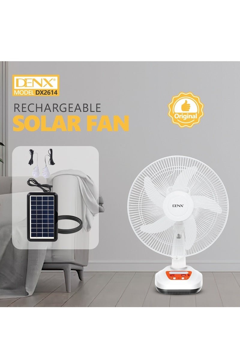 Denx "DENX Rechargeable Solar Fan DX2614 – Equipped with a 9V Solar Panel for Efficient Charging, 5 Strong Blades for Powerful Airflow, Dual Wind Speed Control, Up to 8 Hours Working Time, and 2 Built-in LED Lights – Perfect for Home, Camping, and Emergency Use" - Image 3