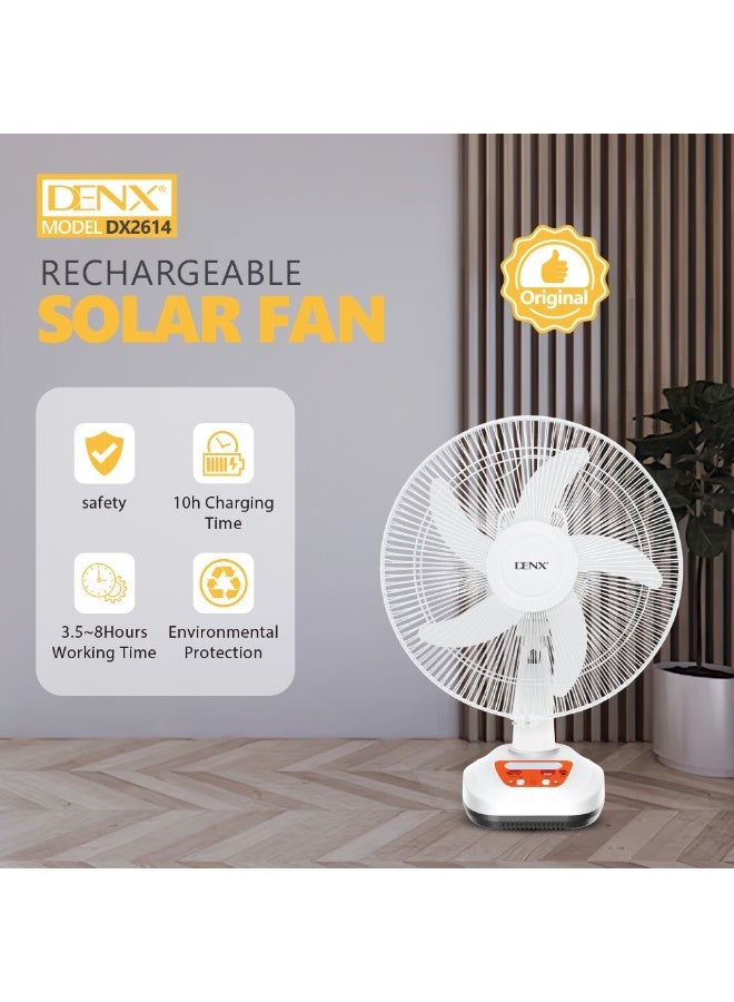 Denx "DENX Rechargeable Solar Fan DX2614 – Equipped with a 9V Solar Panel for Efficient Charging, 5 Strong Blades for Powerful Airflow, Dual Wind Speed Control, Up to 8 Hours Working Time, and 2 Built-in LED Lights – Perfect for Home, Camping, and Emergency Use" - Image 4
