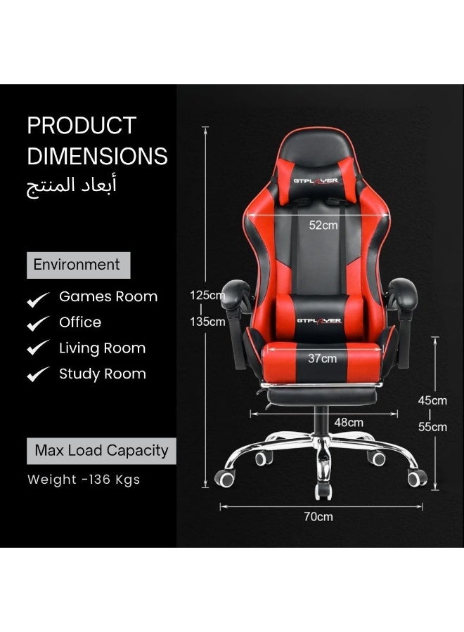 GTPLAYER #1USA Ergonomic Gaming Chair with USB Massage Cushion, Footrest & Armrests – PU Leather Computer Video Game Desk Chair with Adjustable Lumbar Support & Headrest for Gaming & Office Red - Image 4