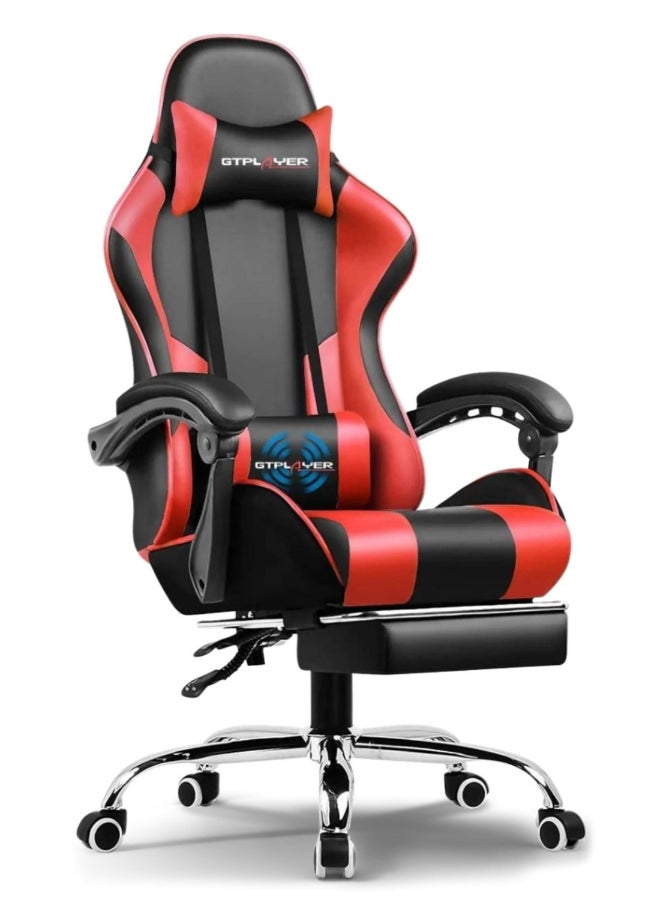 #1USA Ergonomic Gaming Chair with USB Massage Cushion, Footrest & Armrests – PU Leather Computer Video Game Desk Chair with Adjustable Lumbar Support & Headrest for Gaming & Office Red
