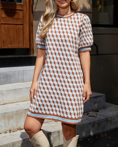 Kedera Women's Short Sleeve Sweater Dress Crewneck Knitted Summer Mini Plaid Dresses Old Money Holiday Party Outfits Brown - Image 3
