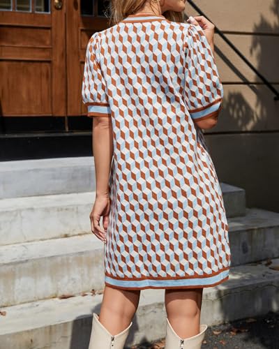 Kedera Women's Short Sleeve Sweater Dress Crewneck Knitted Summer Mini Plaid Dresses Old Money Holiday Party Outfits Brown - Image 2