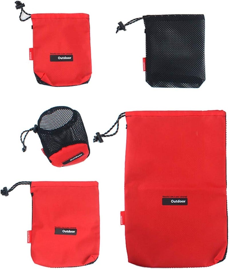 Eohak Drawstring Bags Pouch/Ditty Bag/Mesh Stuff Sack Camping Cord Bag Storage 5-in-1 Travel Use Nylon 5 Pieces (Red) - Image 1