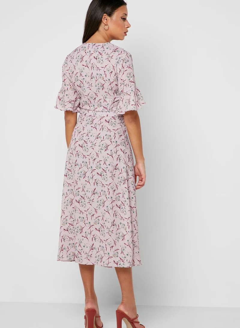 ELLA Floral Print Wrap Front Midi Dress