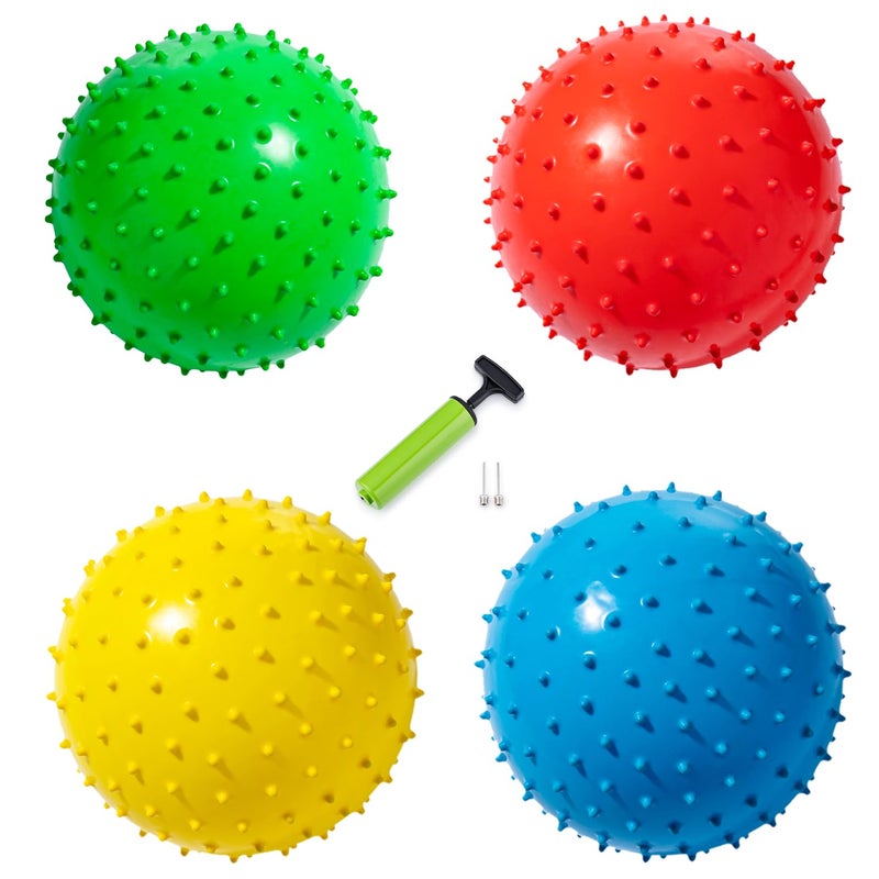 New Bounce Soft Balls for Kids - Set of Four 8.5" Knobby Balls Plus Pump & 2 pins, Durable, Inflatable Sensory Spiky Ball for Children, Toddlers and, Pets - Soft Bouncy Ball - Image 1