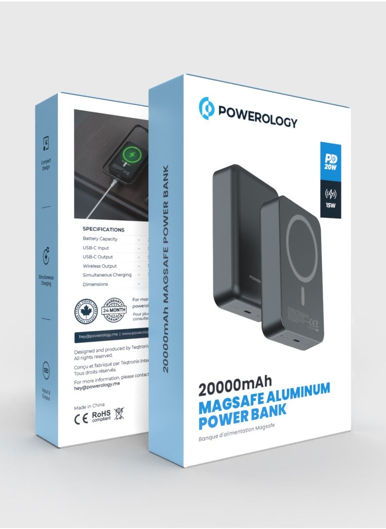 20000mAh Magsafe Power Bank 20W PD  / Simultaneous Charging / Compact Design / USB-C Output & Input / 15W Wireless Charger PowerBank 20000 mAh- Dark Grey