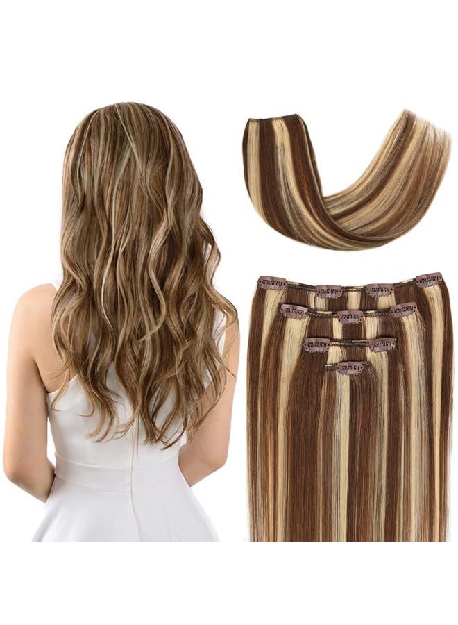 Winsky 14" Clip in Hair Extensions Remy Human Hair for Women - Silky Straight Real Human Hair hightlight Clip on 50grams 4pieces #6/613 Color - Image 1
