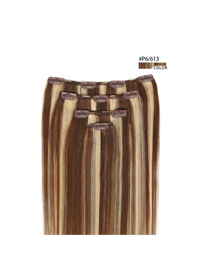 Winsky 14" Clip in Hair Extensions Remy Human Hair for Women - Silky Straight Real Human Hair hightlight Clip on 50grams 4pieces #6/613 Color - Image 2