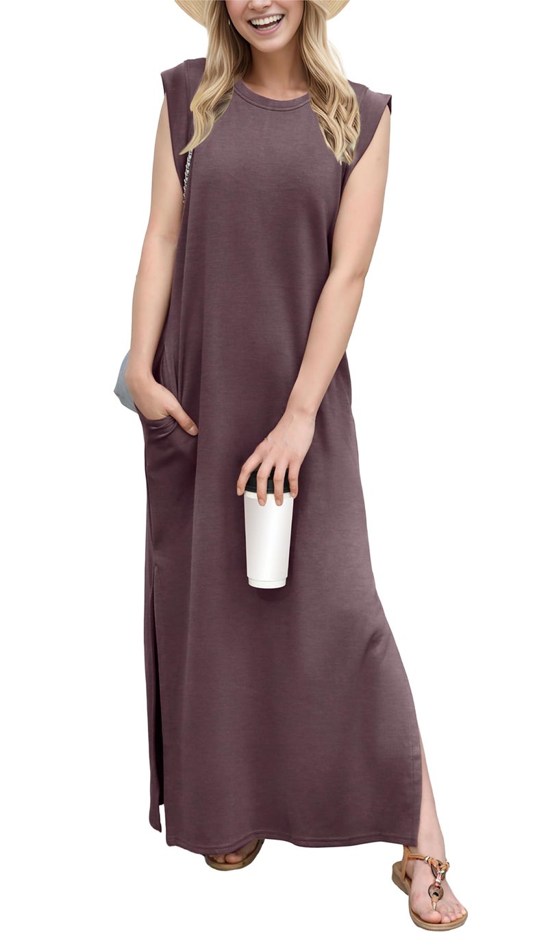 GRECERELLE Womens Summer Vacation Casual Loose Split Long Maxi Dress with Pockets (Rosewood, Medium) - Image 1