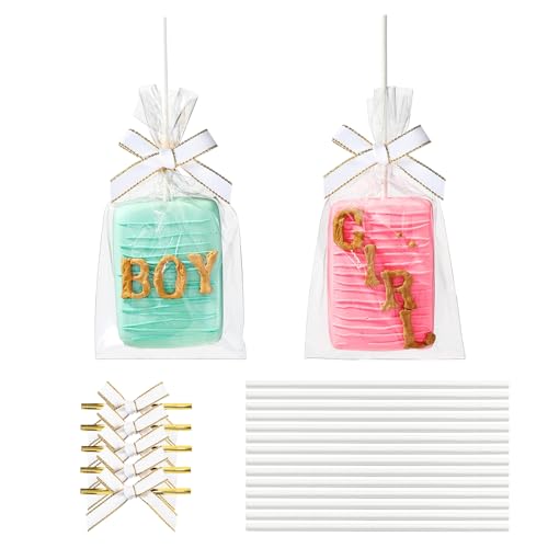 RomanticBaking 50 Sets Clear Rice Krispie Treat Bags with White Ribbon Bow and Stick & Flat Cellophane Clear Bags for Rice Krispie Treats Gift Giving Bag(White) - Image 1