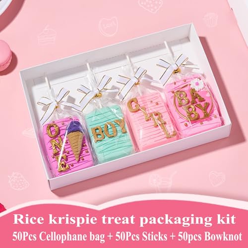 RomanticBaking 50 Sets Clear Rice Krispie Treat Bags with White Ribbon Bow and Stick & Flat Cellophane Clear Bags for Rice Krispie Treats Gift Giving Bag(White) - Image 4