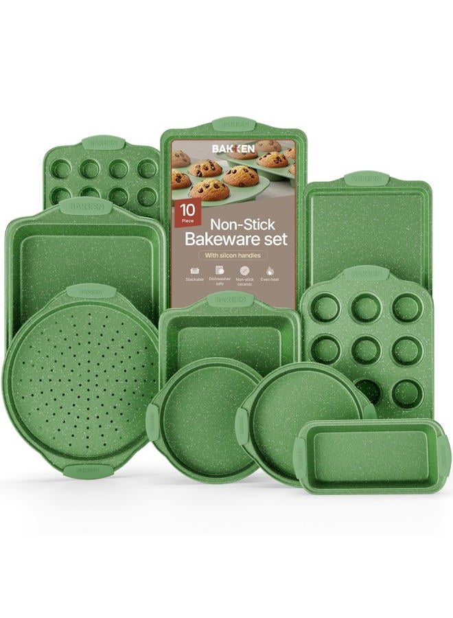 BAKKENMASTER BAKKEN Kitchen Baking Pan Set - Nonstick Green Marble Coating, Carbon Steel Bakeware Sets with Green Silicone Handles, Kitchen Essentials, PFOA, PFOS, PTFE Free, Oven Safe (Up To 450° F), Set of 10 - Image 1