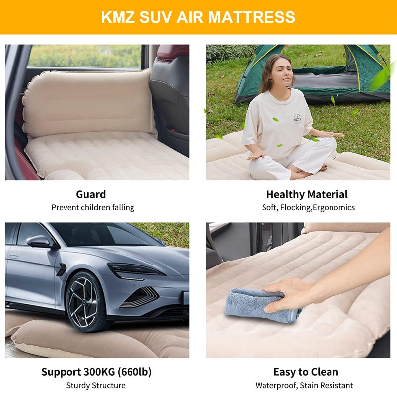 KMZ SUV Air Mattress Thickened and Double-Sided Flocking Travel Camping Bed with 2 Pillows & Pump Dedicated Mobile Cushion Inflatable Bed for SUV Trunk and Rear Seat (Beige and Coffee) - Image 4