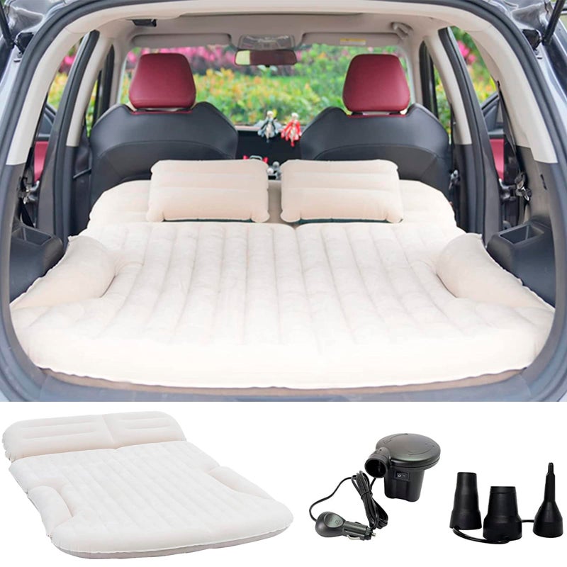 KMZ SUV Air Mattress Thickened and Double-Sided Flocking Travel Camping Bed with 2 Pillows & Pump Dedicated Mobile Cushion Inflatable Bed for SUV Trunk and Rear Seat (Beige and Coffee) - Image 1