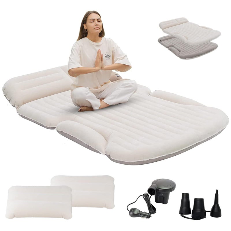 KMZ SUV Air Mattress Thickened and Double-Sided Flocking Travel Camping Bed with 2 Pillows & Pump Dedicated Mobile Cushion Inflatable Bed for SUV Trunk and Rear Seat (Beige and Coffee) - Image 2