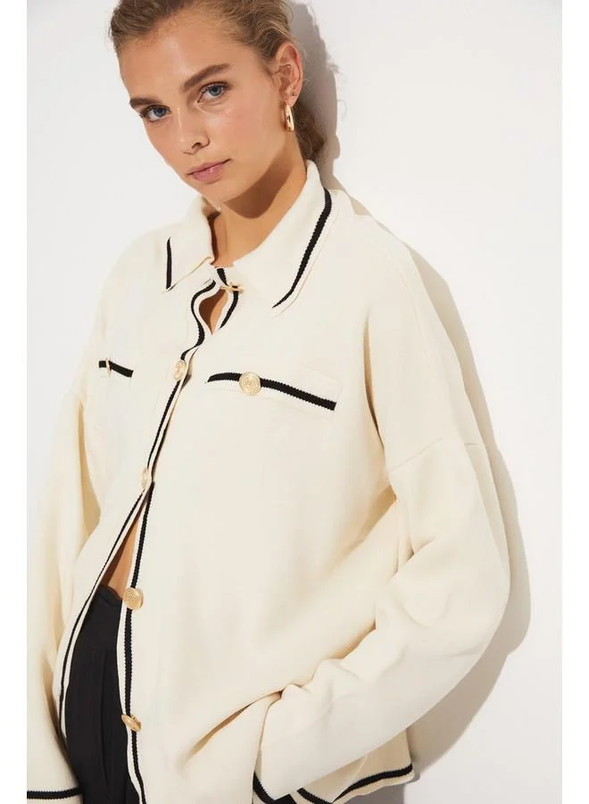 جون June Exclusive Button Detailed Knitted Cardigan Ecru