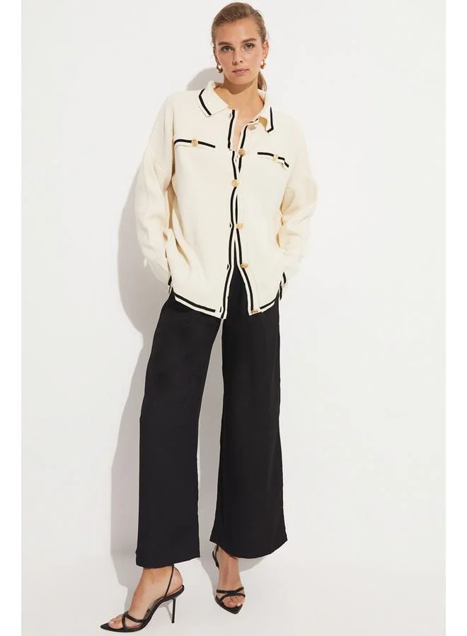 جون June Exclusive Button Detailed Knitted Cardigan Ecru