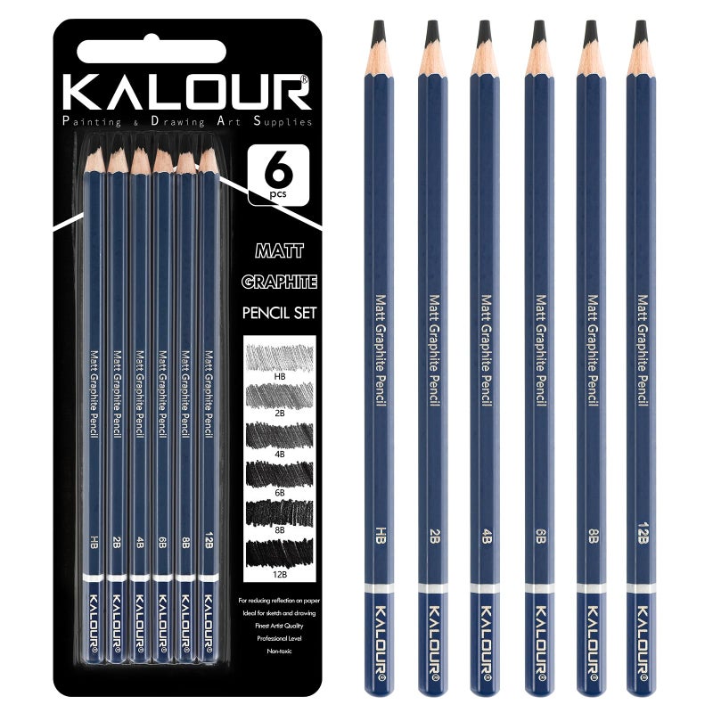 KALOUR PDAS Professional Drawing Pencils for Sketching - 6 pcs Matte Graphite Art Pencil Set (HB to 12B) for Shading, Beginners & Pro Artists - Image 1