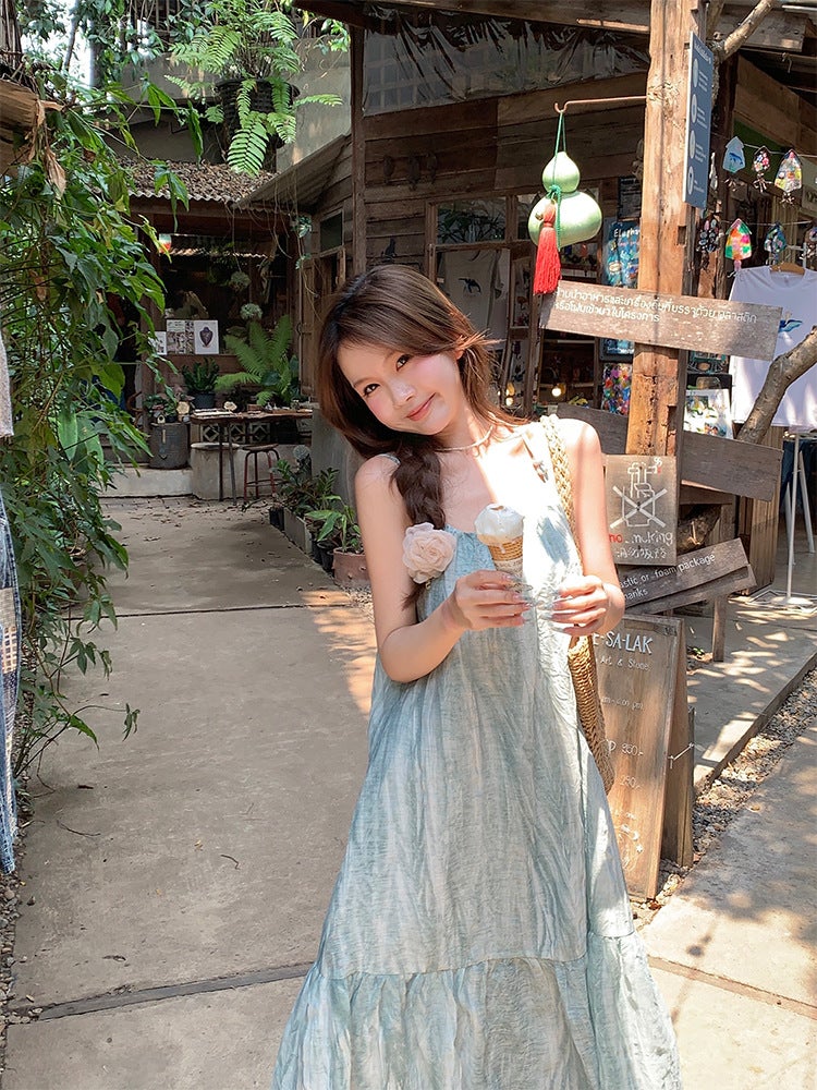 Dress, Mint Green Tie-Dye Suspender Dress, Women'S Summer Fresh Loose Slimming Look Holiday Long Dress - Image 5