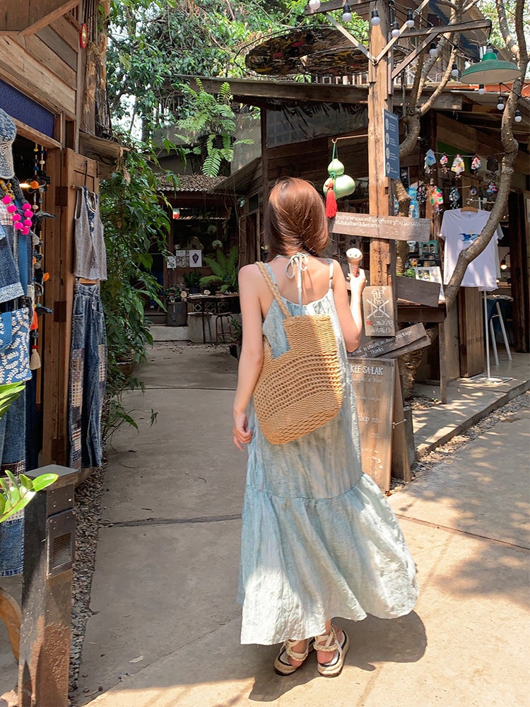 Dress, Mint Green Tie-Dye Suspender Dress, Women'S Summer Fresh Loose Slimming Look Holiday Long Dress - Image 3