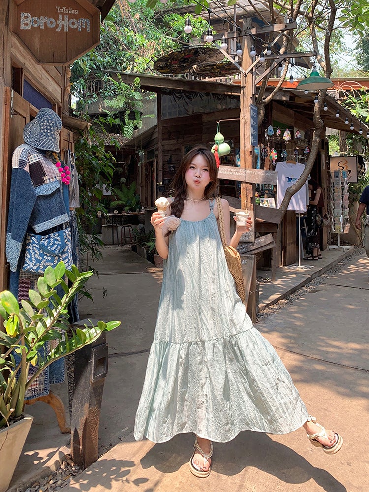 Dress, Mint Green Tie-Dye Suspender Dress, Women'S Summer Fresh Loose Slimming Look Holiday Long Dress - Image 4