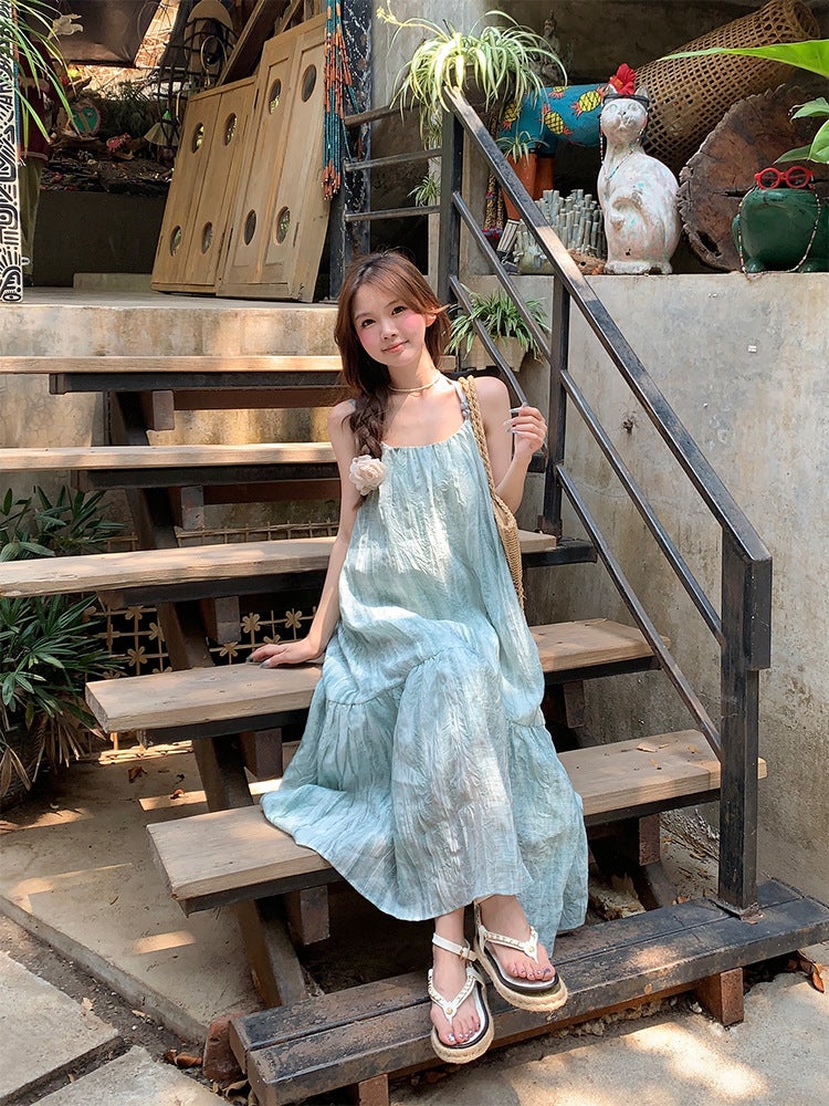 Dress, Mint Green Tie-Dye Suspender Dress, Women'S Summer Fresh Loose Slimming Look Holiday Long Dress - Image 1