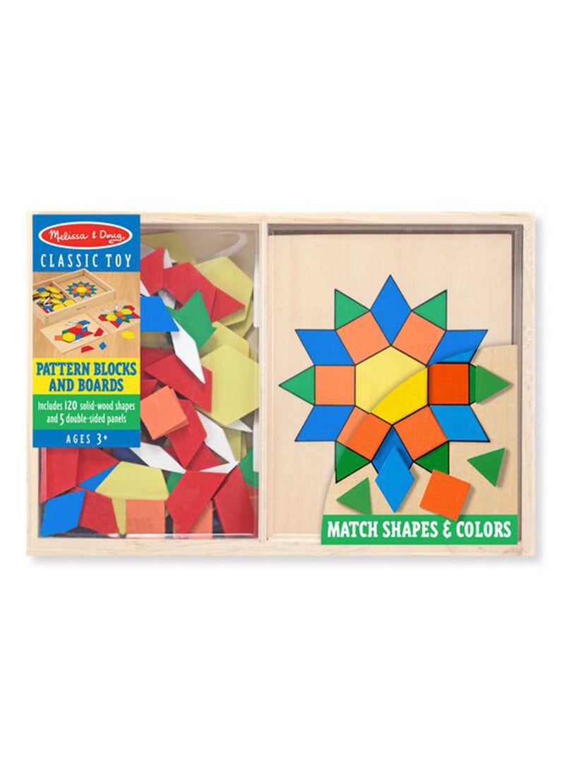Melissa & Doug Pattern Blocks and Boards - Classic Toy With 120 Solid Wood Shapes and 5 Double-Sided Panels, Multi-Colored Animals Puzzle Tangram Puzzle Sorting Activity for Kids - Image 1