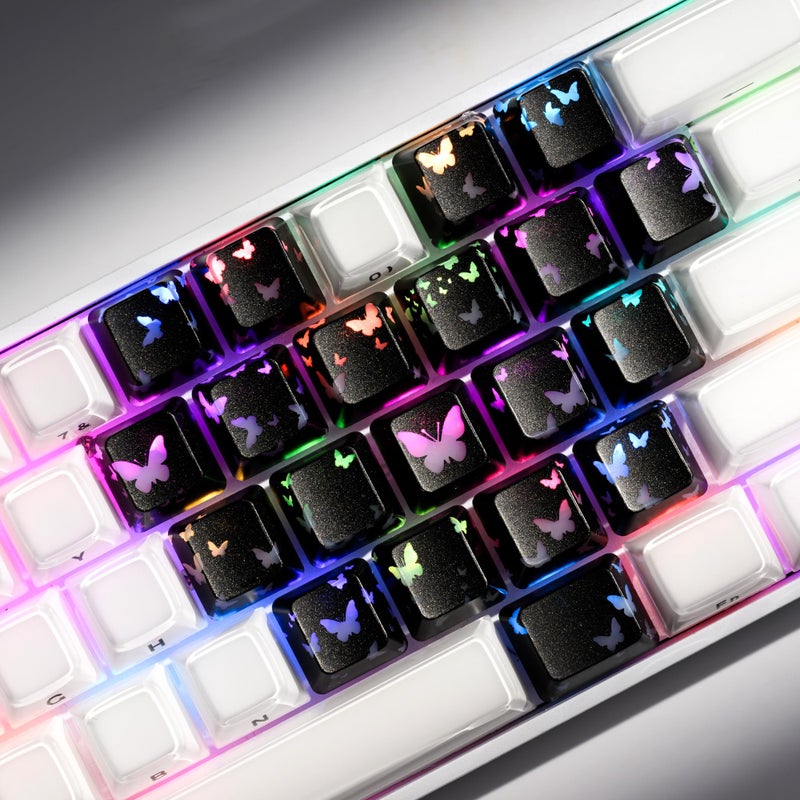 HITIME XVX Black Butterfly Shine Through Keycaps, Love Theme Cute Custom Keycaps, Blank OEM Profile IMD Translucent Keycap, Anime Style, for MX Switches Mechanical Keyboard, Silverï¼ˆOnly 21 Keys - Image 1