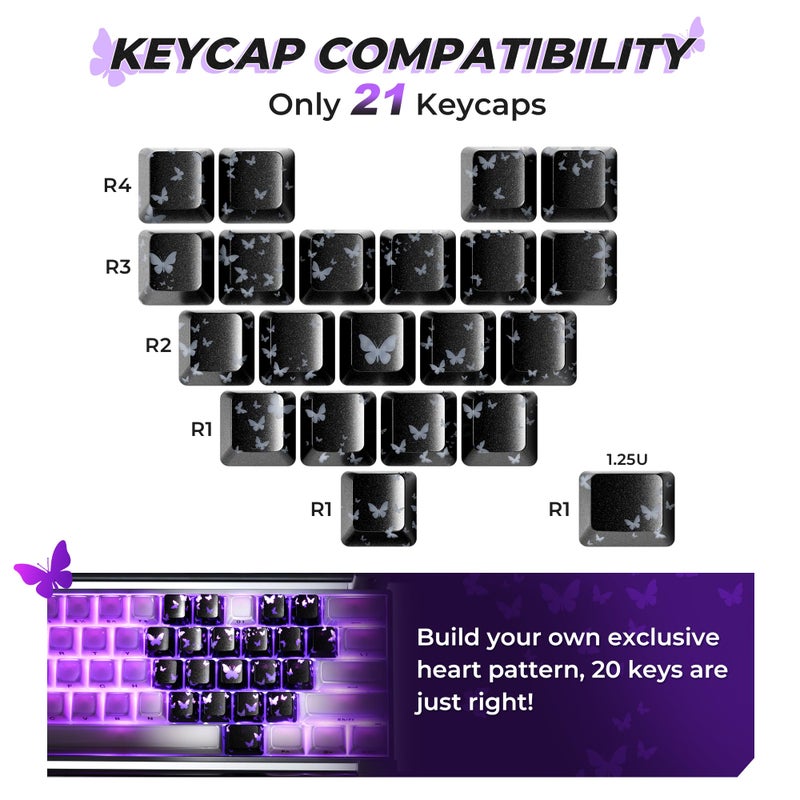HITIME XVX Black Butterfly Shine Through Keycaps, Love Theme Cute Custom Keycaps, Blank OEM Profile IMD Translucent Keycap, Anime Style, for MX Switches Mechanical Keyboard, Silverï¼ˆOnly 21 Keys - Image 3